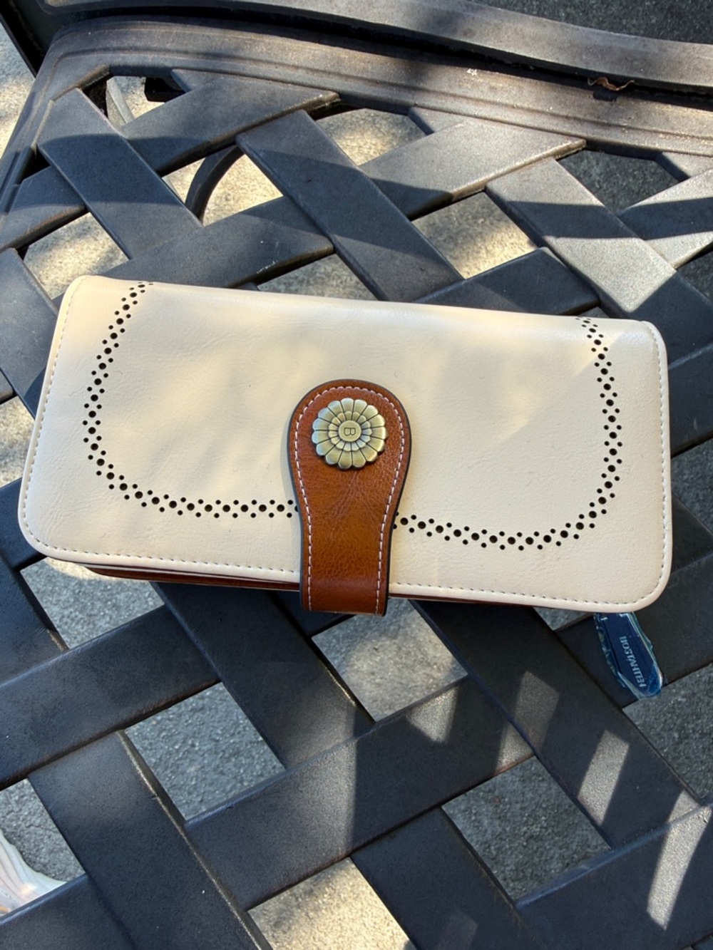 Cream and Brown Women's Clutch Wallet‎ with Floral Snap Accent